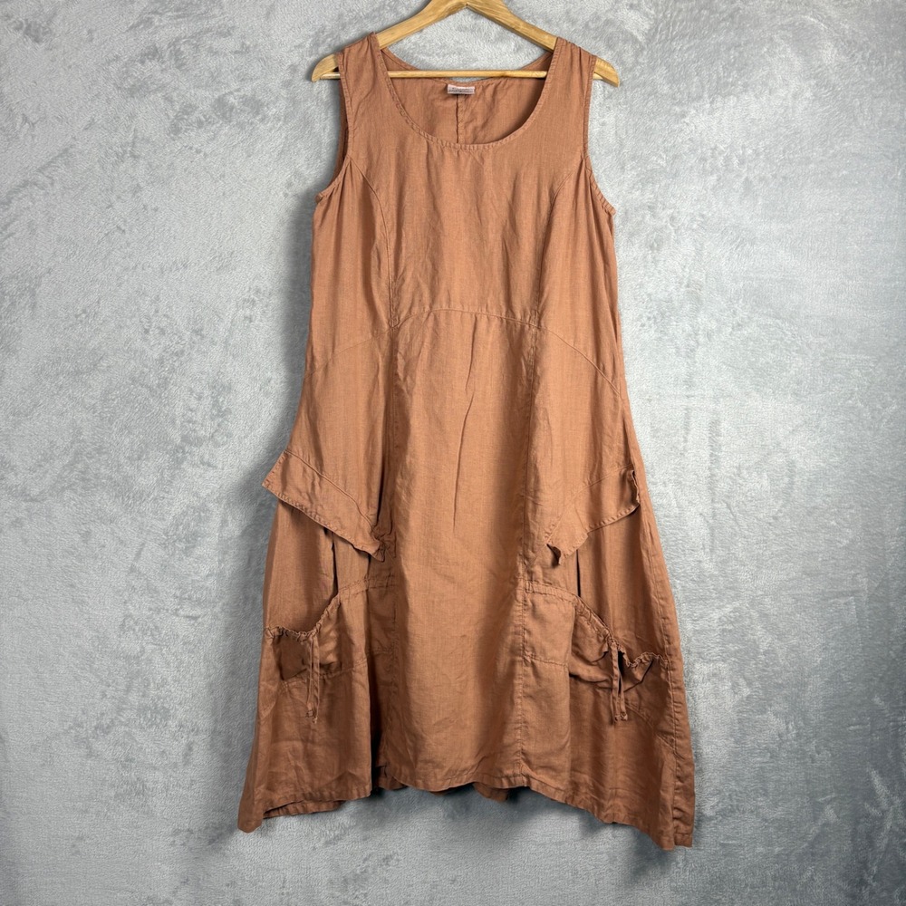 Vintage Dress Linen Lagenlook Large Terracotta Cargo Pocket USA Relaxed Artsy